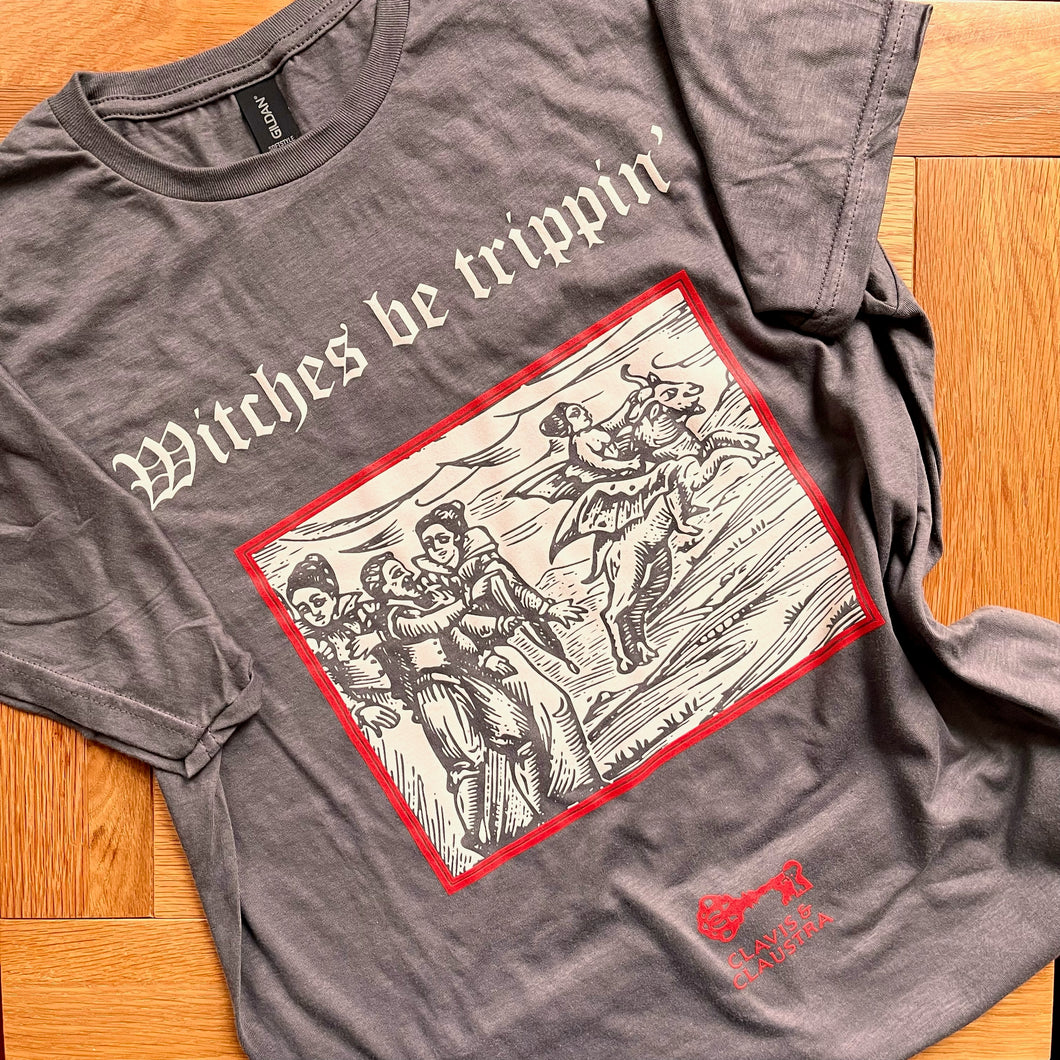 Photograph of a t-shirt laid out on a wooden table. The charcoal coloured t-shirt features a mediaeval woodcut design depicting a group of people talking and one woman riding off on a winged demon. Above in Old English text are the words 