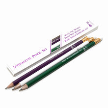 Load image into Gallery viewer, Set of three graphite pencils pictured next to handmade paper and a sprig of lavender. The pencils are painted purple, green &amp; white, featuring slogans &quot;Votes for Women&quot;, &quot;Deeds Not Words&quot; and &quot;What would Emmeline do?&quot;. They are presented in a box.