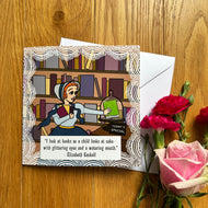 Greeting card with cartoon illustration of child-like woman in a bookshop excitedly reaching for the book on display marked “today’s special”. The card sits next to flowers on a table.