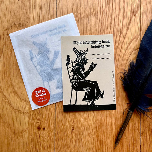 Photograph of a rectangular sticker featuring a Mediaeval woodcut image of a woman sitting on a chair and reading a book, wearing a pointed hat, with a bird perched behind her. Above other words “This bewitching book belongs to:…” – with room to write your name. Also in the photo is a packet of these bookplate stickers and a black quill.
