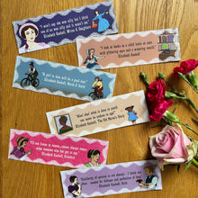 Load image into Gallery viewer, Set of bookmarks in neutrals, pinks and purples, with quotes and illustrations, laid on a wooden surface with flowers. Each bookmark features a different quote from one of Elizabeth Gaskell’s written works, accompanied by cartoon illustrations depicting Victorian characters with a modern twist.