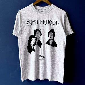 Photo of the t-shirt hanging up from a hanger against a blue background.