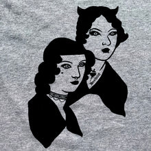 Load image into Gallery viewer, Close up of Emily and Anne Bronte. Anne has a tiny heart tattoo on her cheek, and a septum piercing, along with a beaded choker. Emily has a Heathcliff tattoo, lip piercings, an eyebrow piercing, and horns! 