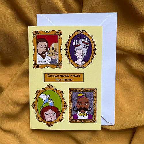 Photo of card depicting a series of historical portraits on a yellow background with a central caption, 