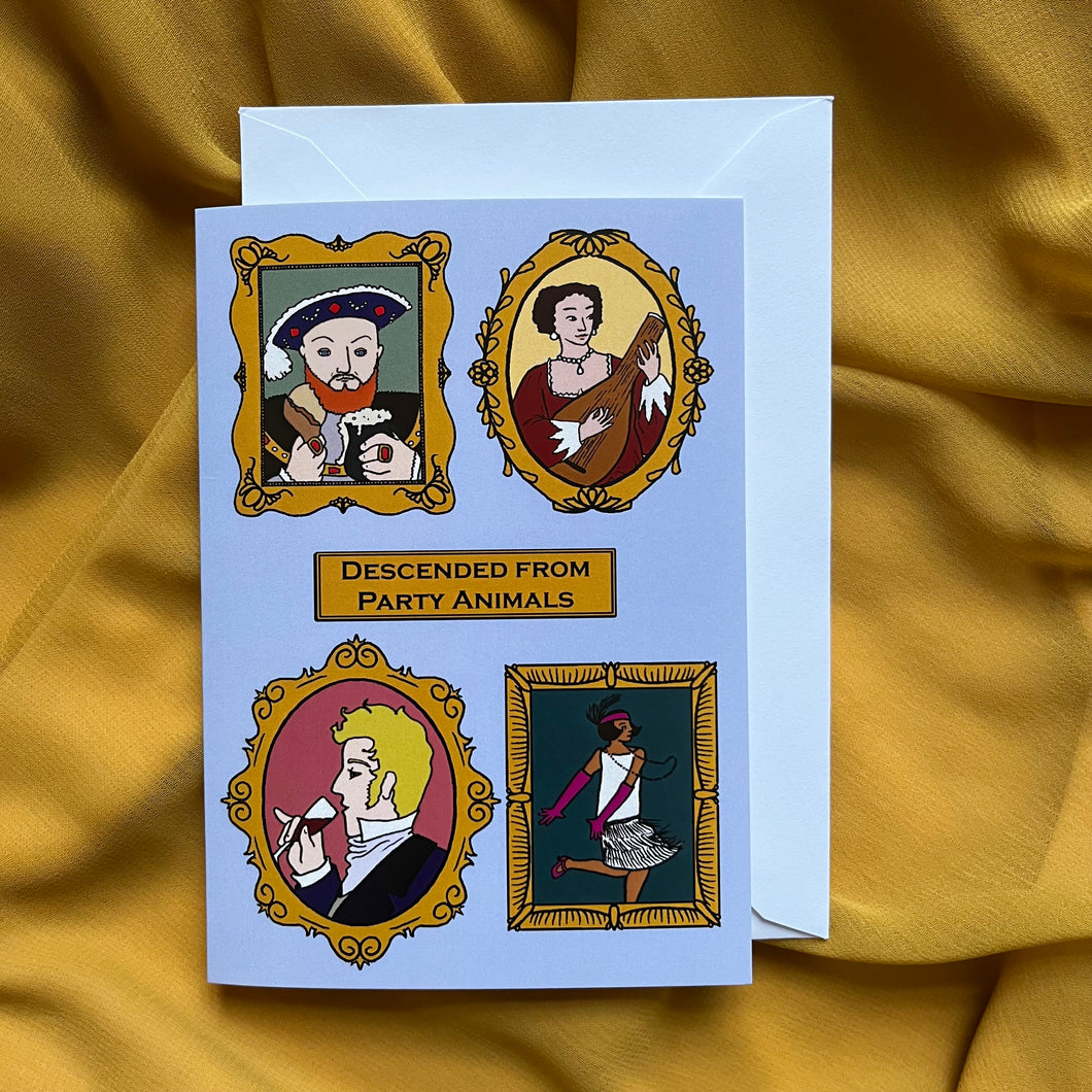 Photo of card depicting a series of historical portraits on a blue background with a central caption, 