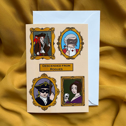 Photo of card depicting a series of historical portraits on a peach background with a central caption, 