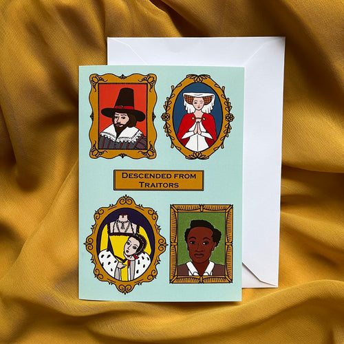 Photo of card depicting a series of historical portraits on a turquoise background with a central caption, 