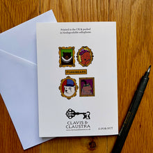 Load image into Gallery viewer, Photo showing card reverse with central caption &quot;Forebears&quot; showing four portraits of bears in various historical costumes.