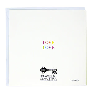 Photo of the back of the card, mostly white. The Clavis & Claustra key logo is at the base. “Love” is written twice in the centre, one on top of the other, in rainbow colours.