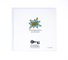 Load image into Gallery viewer, Back of the card, mostly white, with the Clavis &amp; Claustra key logo and the “YAASSS QUEEN” range logo in yellow text in a blue exploding bubble. Beneath, the text reads “Victoria, Queen of Hearts” and “Love without limits. Start with yourself.”