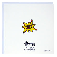 Load image into Gallery viewer, Back of the card. Mostly white, with the Clavis &amp; Claustra key logo and “HEROINE ADDICT!” logo in red text on a yellow exploding bubble.