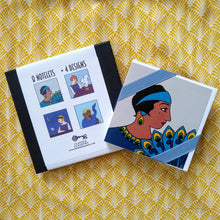 Load image into Gallery viewer, Photo of the notelets bound by a white sleeve, captioned: “8 Notelets, 4 Designs” showing the others of the range. The notelets show an Art Deco-style illustration of Ma Rainey, a Black woman in a blue dress and headband holding a blue and yellow feather fan.
