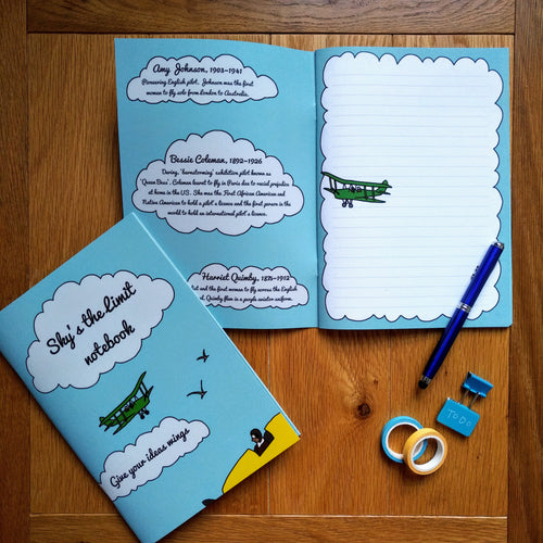 Photo of the notebook both closed and open. The notebook is light blue with an illustrated green biwing plane, and in the foreground we see a yellow plane’s cockpit with an aviator inside. The text in two separate clouds says “Sky’s the limit notebook” and “Give your ideas wings”. The inside has a blank lined page with an illustrated plane, and the inside cover shows numerous female aviator biographies inside clouds. Next to the notebook is a pen, some gift tape, and some document clips.