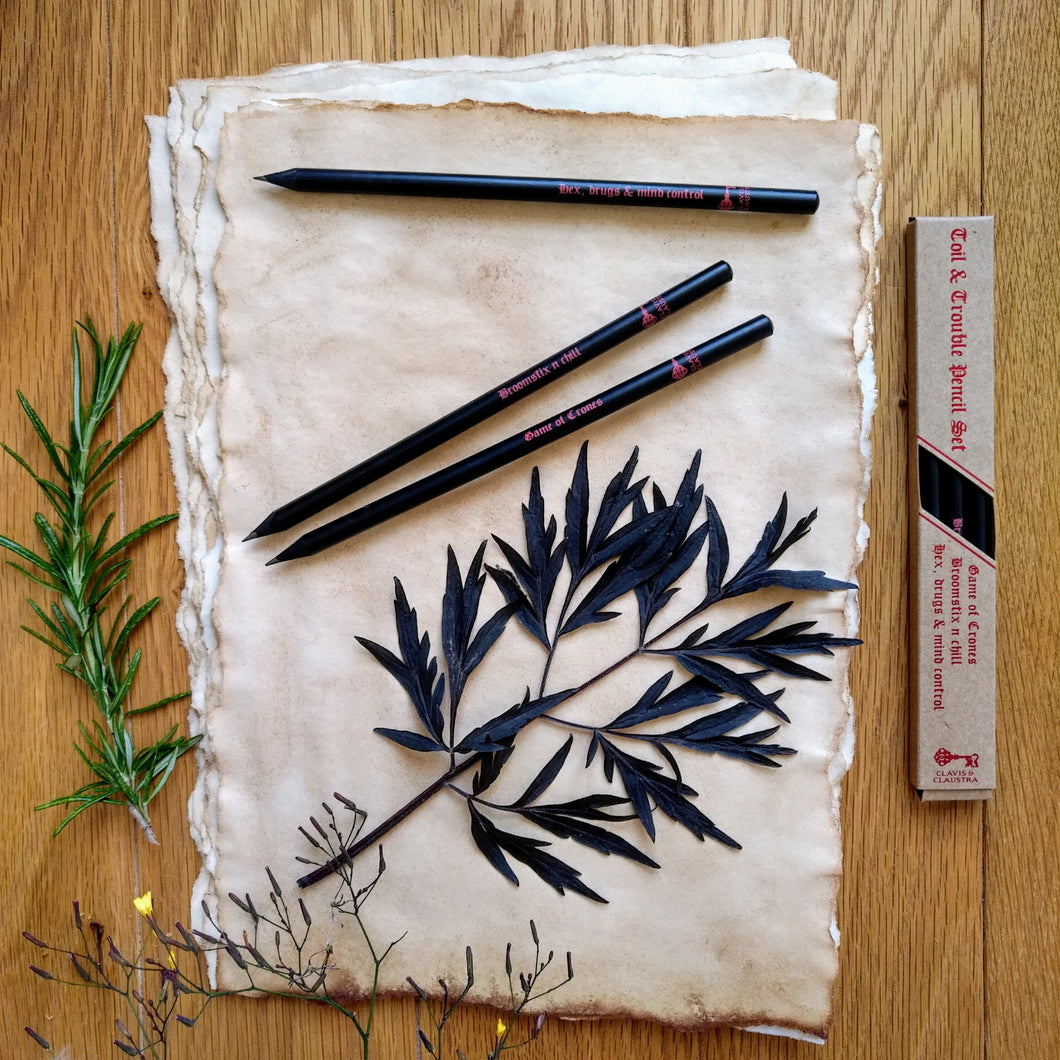 Set of 3 graphite pencils pictured on aged parchment paper with black foliage. The pencils are painted black with black wood, featuring slogans in red 
