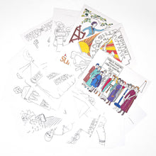 Load image into Gallery viewer, Photo of the postcard pack, showing a pile of uncoloured drawings and three coloured. The illustrations are of a suffragette crowd, Lady Liberty wielding a trumpet and sword and banner, and a suffragette holding a newsletter on behalf of the cause.