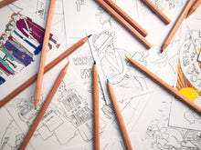 Load image into Gallery viewer, Photo of the postcard pack, showing a pile of uncoloured drawings and some coloured. The illustrations include a suffragette crowd, Lady Liberty wielding a trumpet and sword and banner, and a suffragette holding a newsletter on behalf of the cause. Numerous pencils are scattered across the cards.