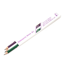 Load image into Gallery viewer, Set of three graphite pencils painted purple, green &amp; white, featuring slogans &quot;Votes for Women&quot;, &quot;Deeds Not Words&quot; and &quot;What would Emmeline do?&quot;. They are presented in a white box with purple foiled writing on, their nibs peeping out of the box.