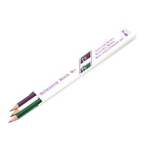 Set of three graphite pencils painted purple, green & white, featuring slogans "Votes for Women", "Deeds Not Words" and "What would Emmeline do?". They are presented in a white box with purple foiled writing on, their nibs peeping out of the box.