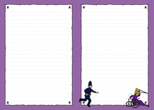 Load image into Gallery viewer, Photo from inside the notebook, with blank lined pages framed by purple colouring. On the bottom of the right page is a police officer who chases a suffragette in a wheel chair, as she races off holding a crutch aloft.
