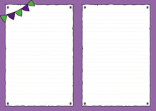 Load image into Gallery viewer, Photo from inside the notebook, with blank lined pages framed by purple colouring. In the top left corner is some bunting in green and purple.