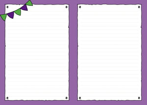 Photo from inside the notebook, with blank lined pages framed by purple colouring. In the top left corner is some bunting in green and purple.