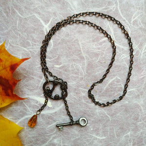 Photo of a necklace that ends in an amber coloured bead and key shaped charm, adjoined to a heart-shaped lock. Next to the necklace are some red and yellow leaves.