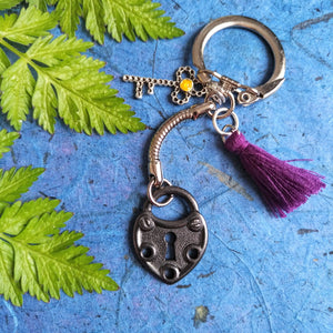 Photo of black heart-shaped lock with keyhole keyring, along with a smaller key charm, amber-coloured bead, and a violet tassel. Next to the keyring are some green leaves.