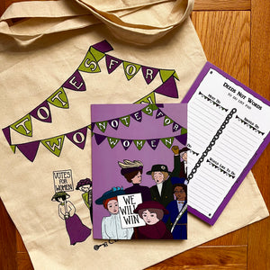 The Totes For Women tote bag pictured with the Notes For Women notebook and Deeds Not Words to do list pad. Each item features matching purple, white & green bunting.
